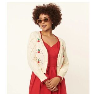 Cherry Embroidered Cream Cardigan Sweater - Women
